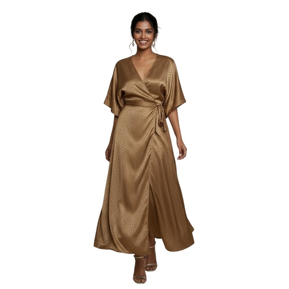 BalticBorn Gold Leopard Print Faux‎ Wrap Maxi Dress Flowy Kimono Sleeve Belted L